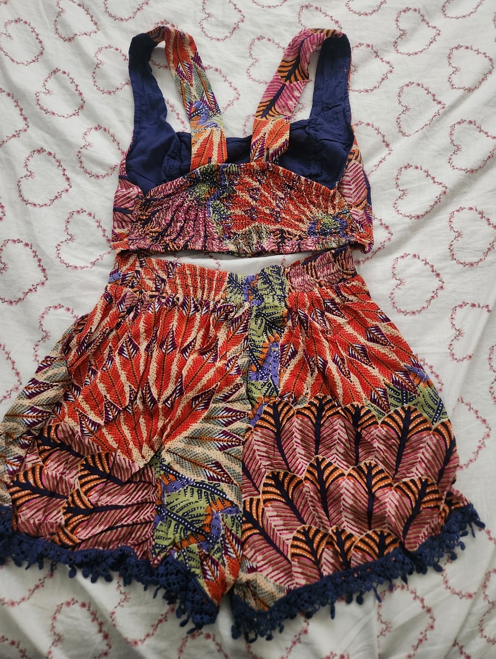 Band of Gypsies Multicolor Tropical Print Shorts Set with Navy Accents